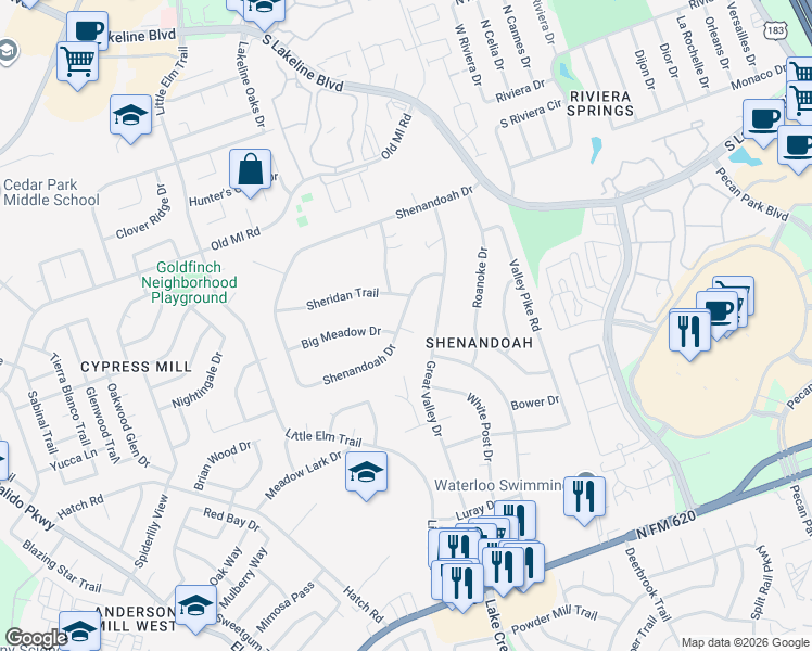 map of restaurants, bars, coffee shops, grocery stores, and more near 1412 Shenandoah Drive in Cedar Park