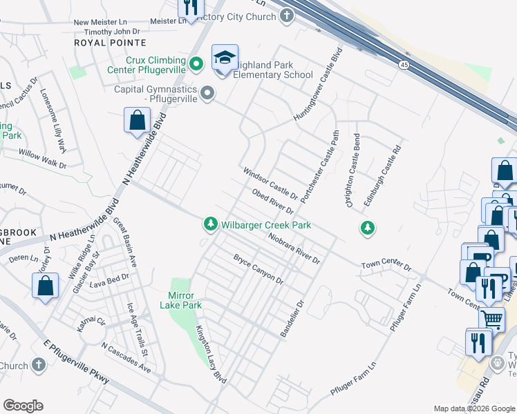 map of restaurants, bars, coffee shops, grocery stores, and more near 724 Noatak Trail in Pflugerville