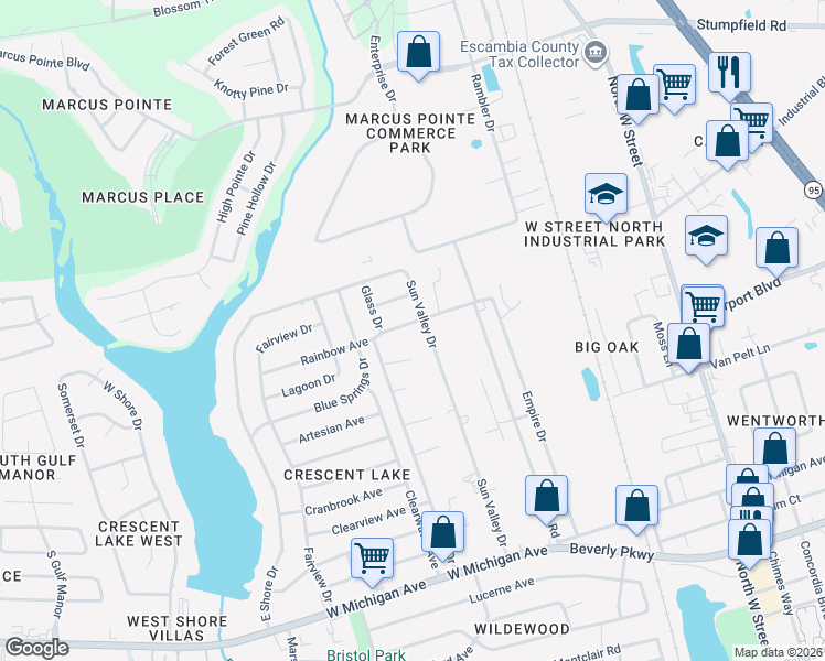 map of restaurants, bars, coffee shops, grocery stores, and more near 6512 Rainbow Avenue in Pensacola