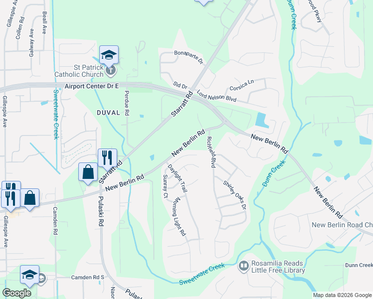 map of restaurants, bars, coffee shops, grocery stores, and more near 1259 Sunray Court in Jacksonville