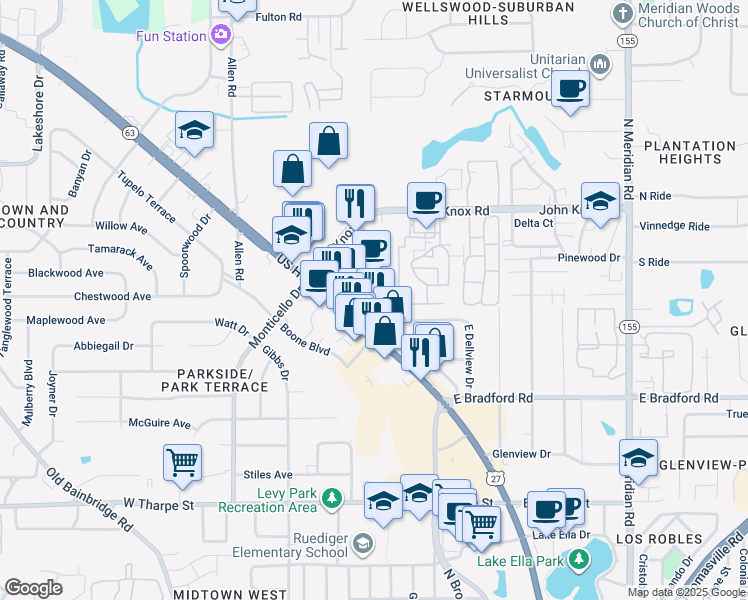 map of restaurants, bars, coffee shops, grocery stores, and more near 2241 North Monroe Street in Tallahassee
