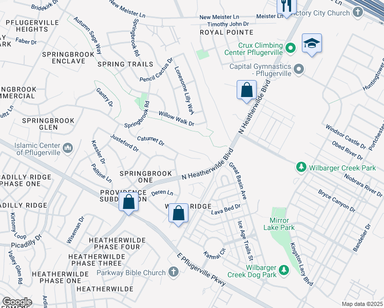 map of restaurants, bars, coffee shops, grocery stores, and more near 304 Catumet Dr in Pflugerville