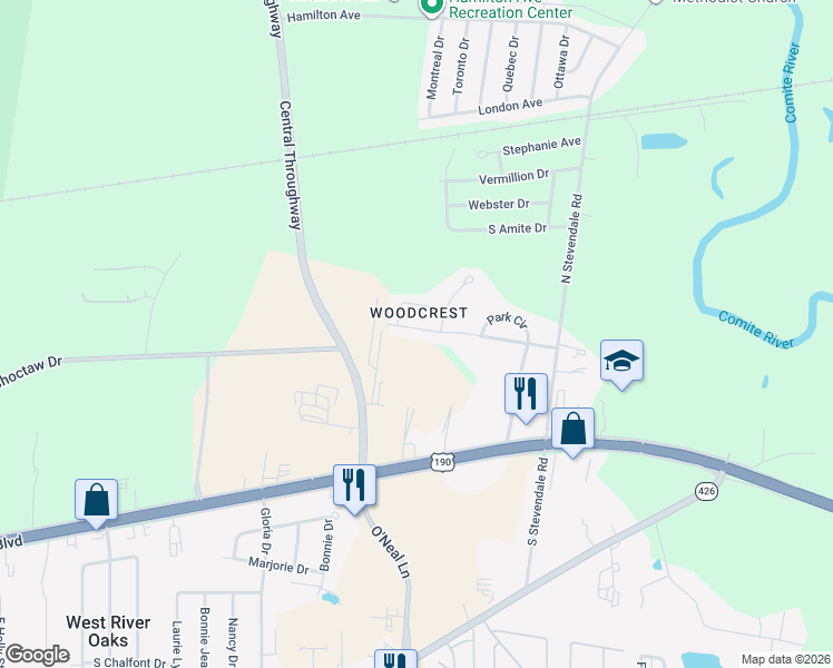 map of restaurants, bars, coffee shops, grocery stores, and more near 16334 Mockingbird Lane in Baton Rouge