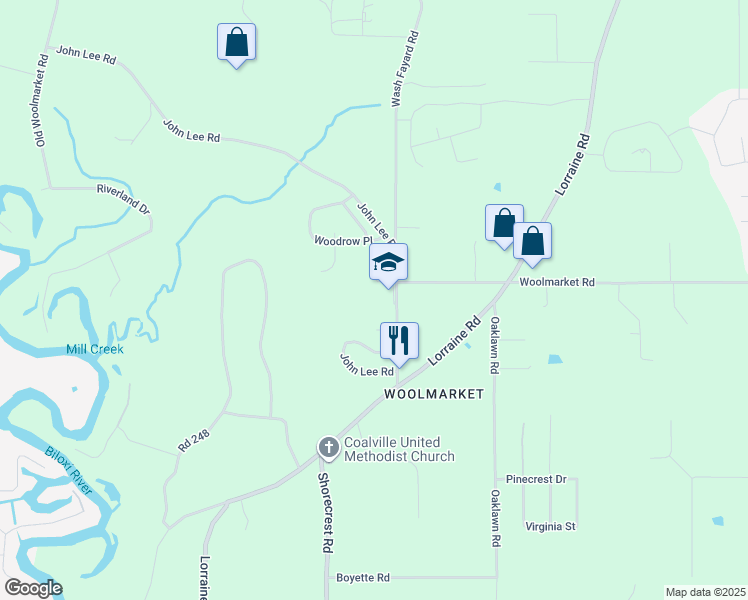 map of restaurants, bars, coffee shops, grocery stores, and more near 12513 John Lee Road in Biloxi
