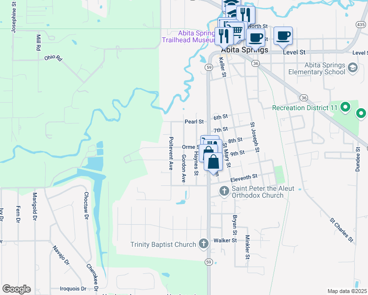 map of restaurants, bars, coffee shops, grocery stores, and more near Gordon Street in Abita Springs