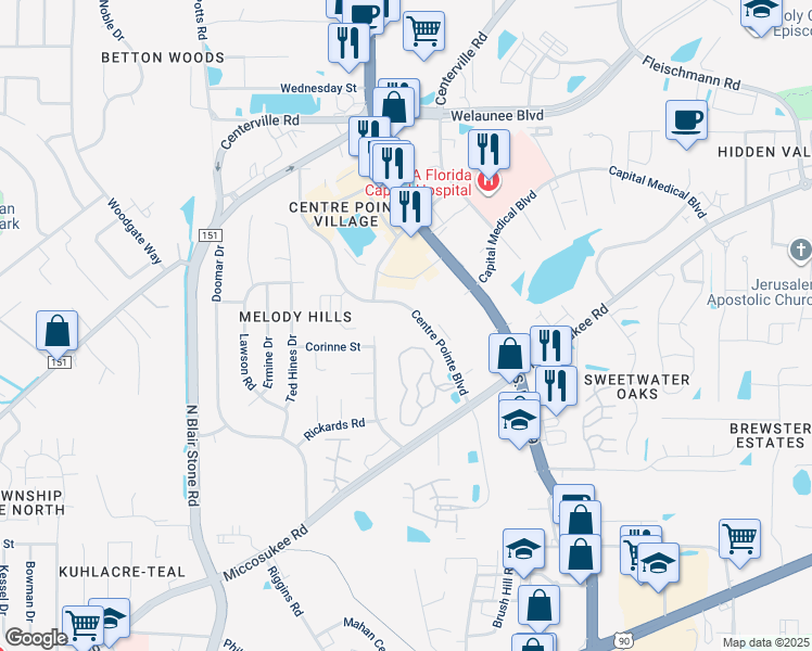 map of restaurants, bars, coffee shops, grocery stores, and more near 1980 Centre Pointe Boulevard in Tallahassee