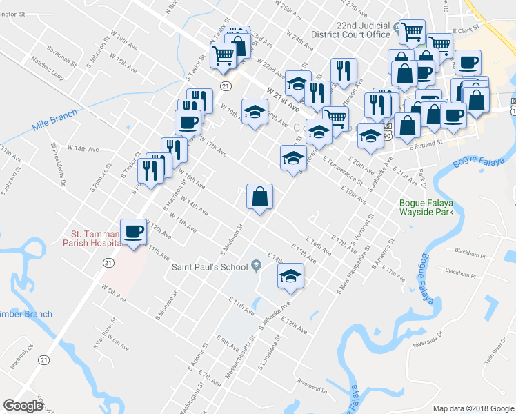 map of restaurants, bars, coffee shops, grocery stores, and more near 608 South Madison Street in Covington