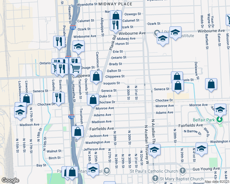 map of restaurants, bars, coffee shops, grocery stores, and more near 2717 Duke Street in Baton Rouge