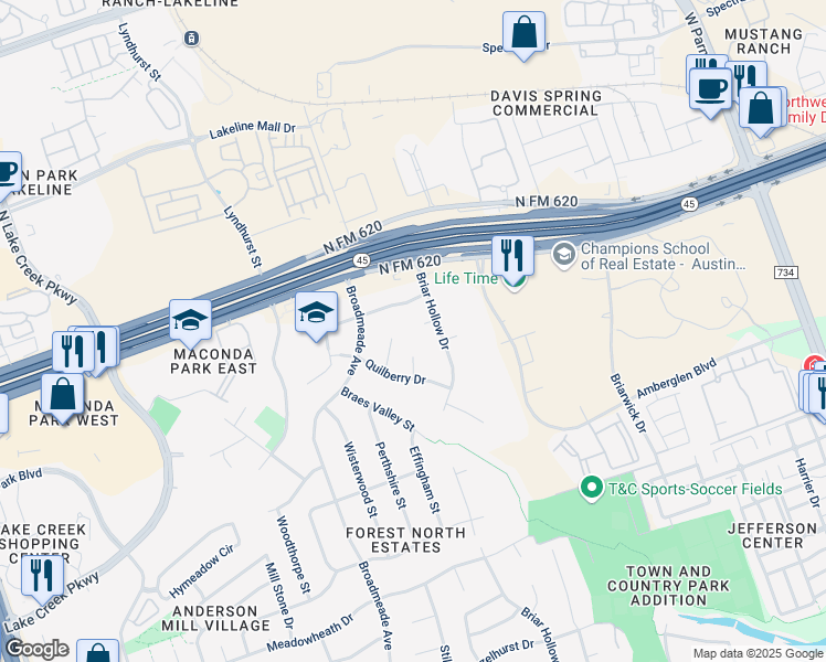 map of restaurants, bars, coffee shops, grocery stores, and more near 9703 Beauchamp Square in Austin