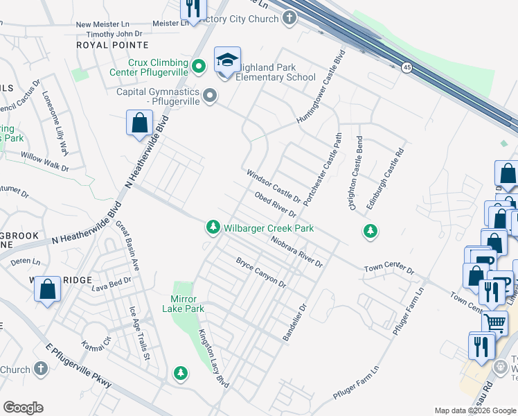 map of restaurants, bars, coffee shops, grocery stores, and more near 724 Noatak Trail in Pflugerville