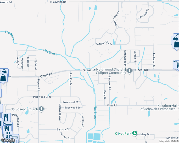 map of restaurants, bars, coffee shops, grocery stores, and more near 14513-14689 Oneal Road in Gulfport
