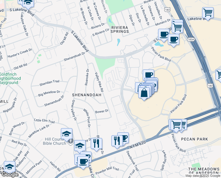 map of restaurants, bars, coffee shops, grocery stores, and more near 13010 Ridgeline Boulevard in Cedar Park