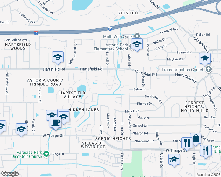 map of restaurants, bars, coffee shops, grocery stores, and more near 2280 Hartsfield Way in Tallahassee
