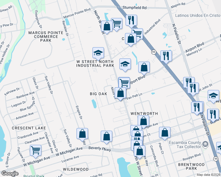 map of restaurants, bars, coffee shops, grocery stores, and more near 5896 Moss Lane in Pensacola