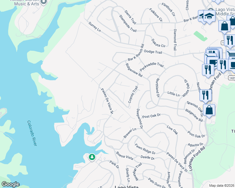 map of restaurants, bars, coffee shops, grocery stores, and more near 7102 Comstock Cove in Lago Vista