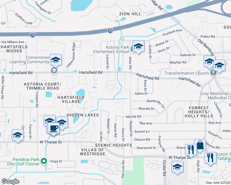 map of restaurants, bars, coffee shops, grocery stores, and more near 2280 Hartsfield Way in Tallahassee