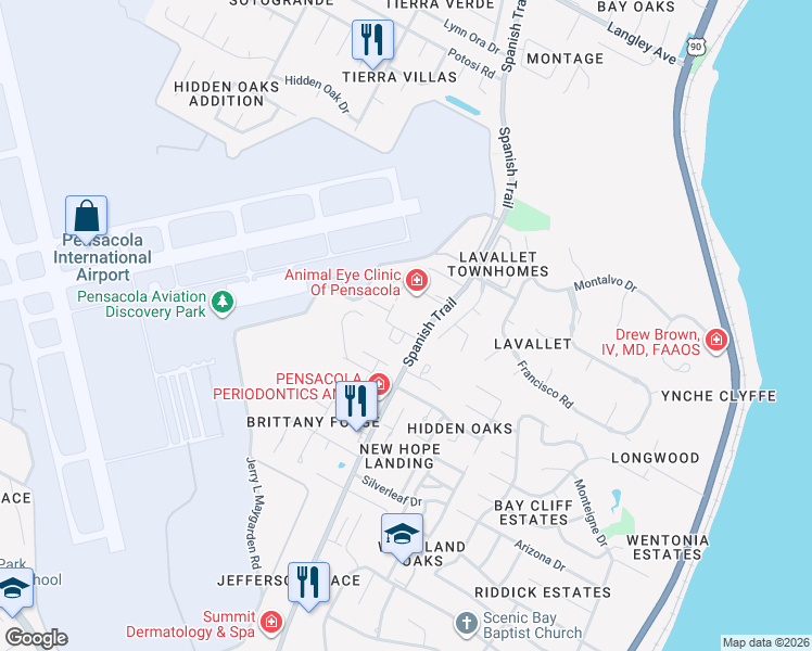 map of restaurants, bars, coffee shops, grocery stores, and more near 3143 Albert Court in Pensacola