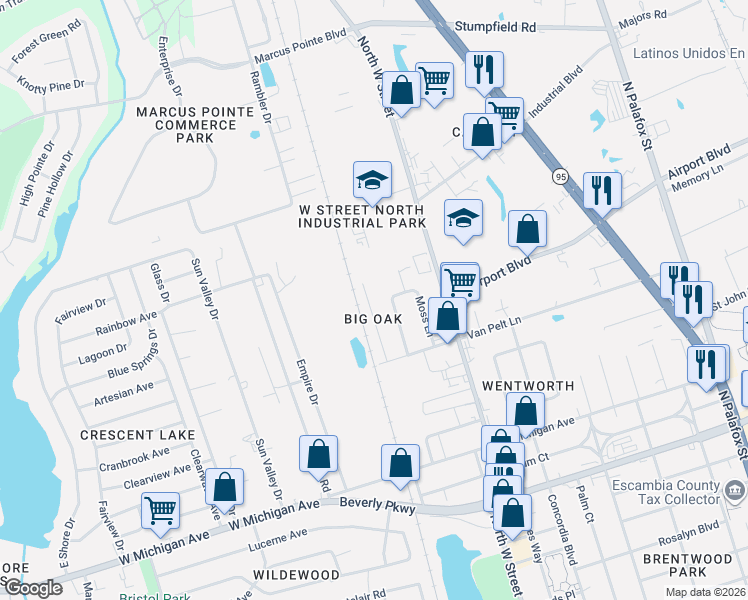 map of restaurants, bars, coffee shops, grocery stores, and more near 5902 Last Big Tree Lane in Pensacola