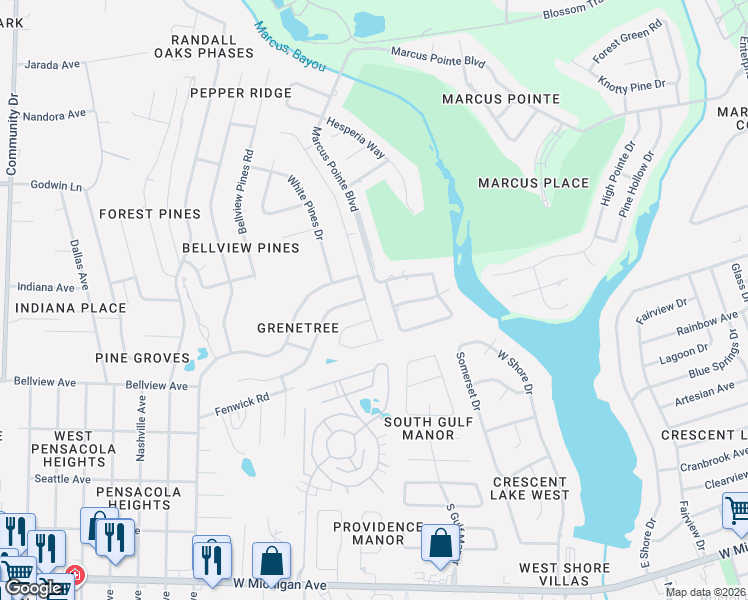 map of restaurants, bars, coffee shops, grocery stores, and more near 2301 Windstone Drive in Pensacola