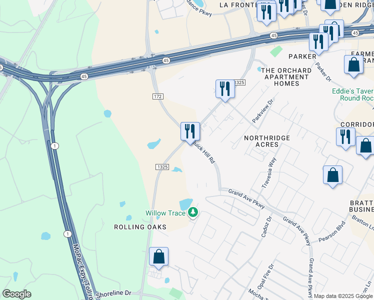 map of restaurants, bars, coffee shops, grocery stores, and more near 16009 Farm to Market Road 1325 in Austin