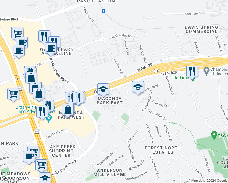 map of restaurants, bars, coffee shops, grocery stores, and more near Ranch Road 620 in Austin