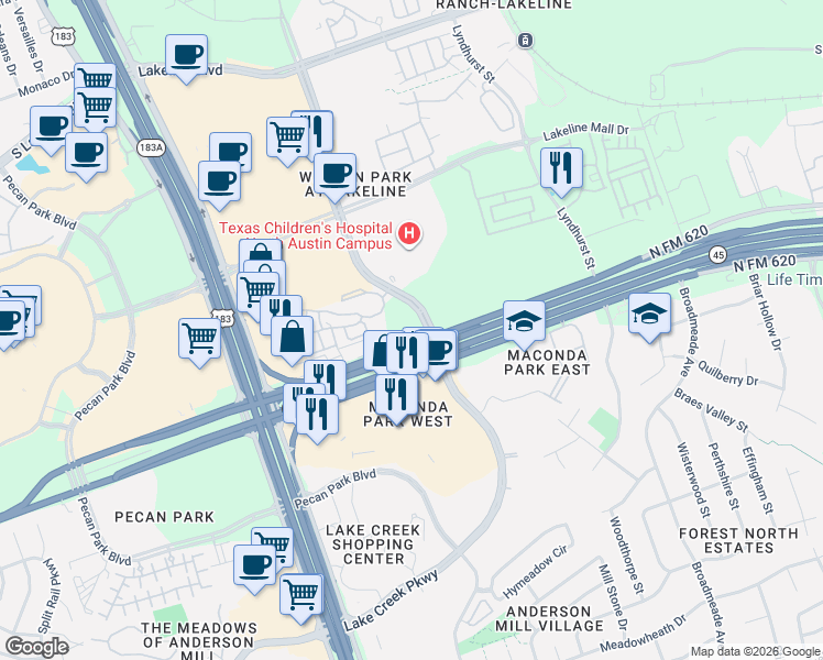 map of restaurants, bars, coffee shops, grocery stores, and more near 9830 Texas 45 in Austin