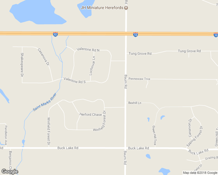 map of restaurants, bars, coffee shops, grocery stores, and more near 10533 Valentine Road South in Tallahassee