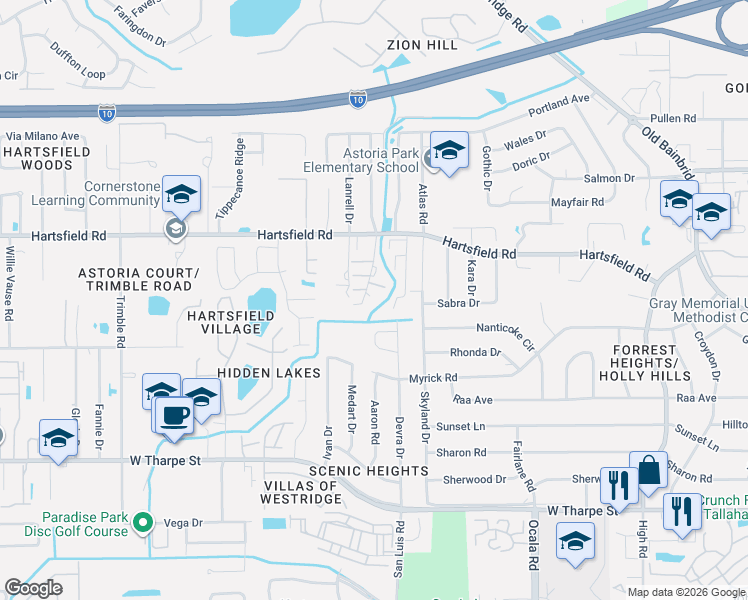 map of restaurants, bars, coffee shops, grocery stores, and more near 2280 Hartsfield Way in Tallahassee