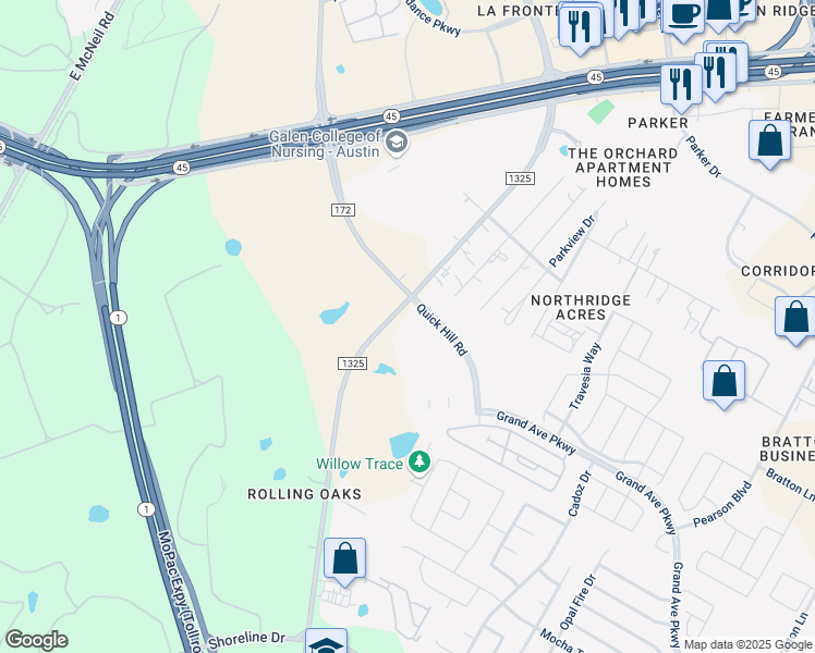 map of restaurants, bars, coffee shops, grocery stores, and more near 16009 Farm to Market Road 1325 in Austin