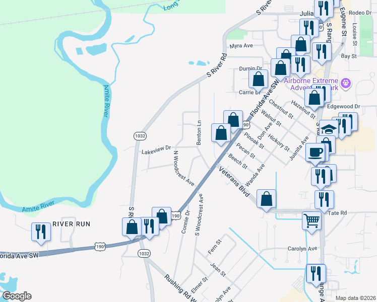 map of restaurants, bars, coffee shops, grocery stores, and more near 1609 Carey Avenue in Denham Springs