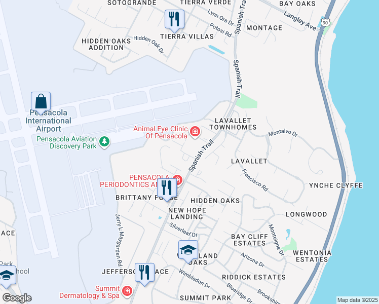 map of restaurants, bars, coffee shops, grocery stores, and more near 3143 Albert Court in Pensacola