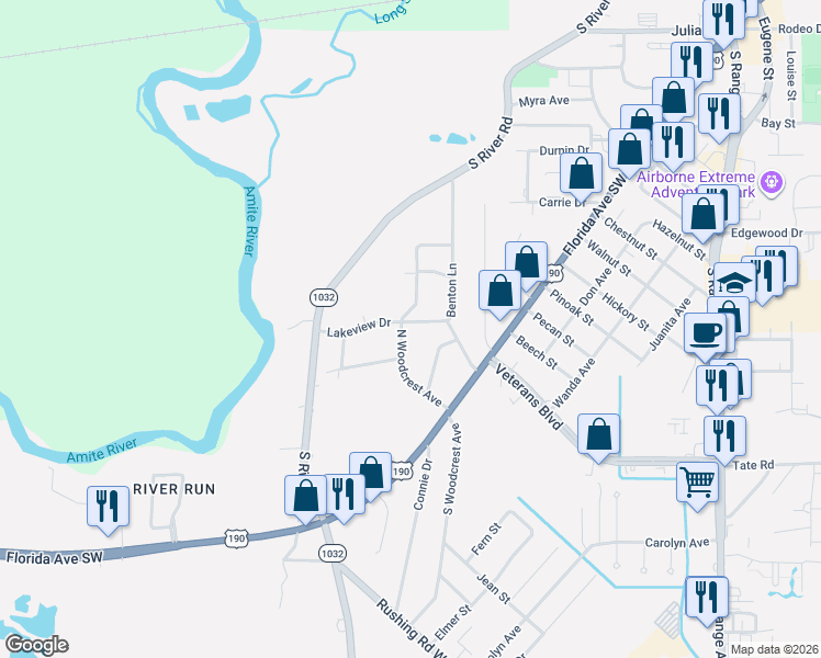 map of restaurants, bars, coffee shops, grocery stores, and more near 1542 North Woodcrest Avenue in Denham Springs
