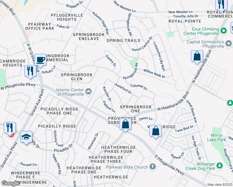 map of restaurants, bars, coffee shops, grocery stores, and more near 17900 Betterman Cove in Pflugerville