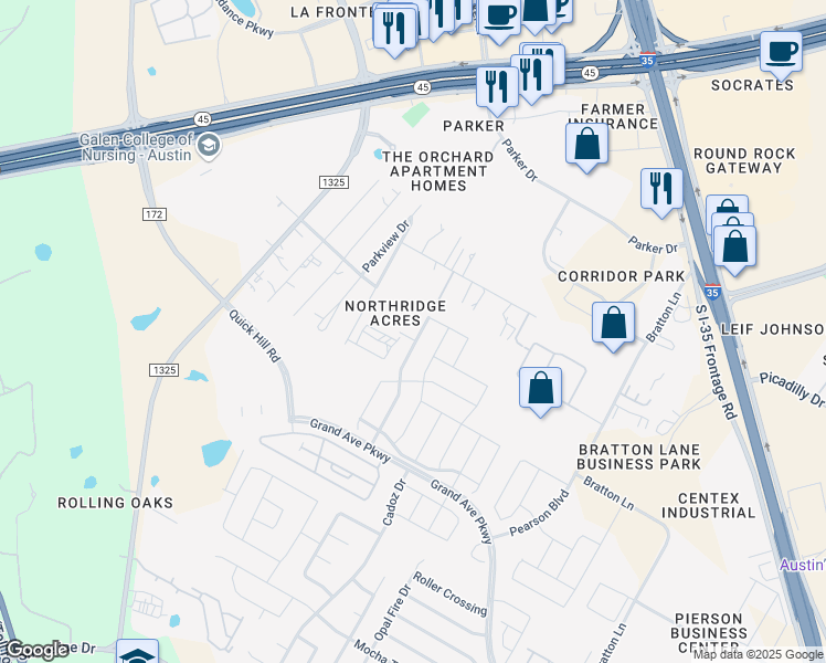 map of restaurants, bars, coffee shops, grocery stores, and more near 16245 Travesia Way in Austin