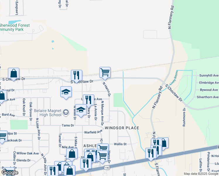 map of restaurants, bars, coffee shops, grocery stores, and more near 2022 North Harco Drive in Baton Rouge