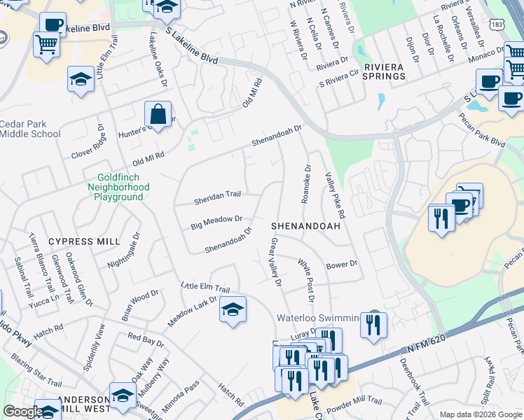 map of restaurants, bars, coffee shops, grocery stores, and more near 1412 Shenandoah Drive in Cedar Park