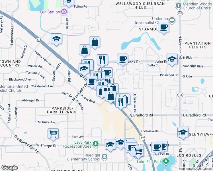 map of restaurants, bars, coffee shops, grocery stores, and more near 2241 North Monroe Street in Tallahassee