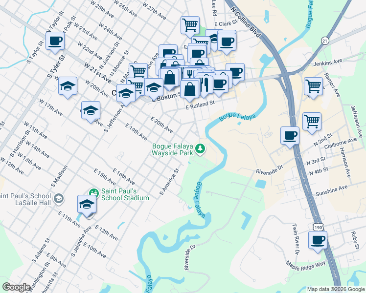 map of restaurants, bars, coffee shops, grocery stores, and more near 221 South America Street in Covington