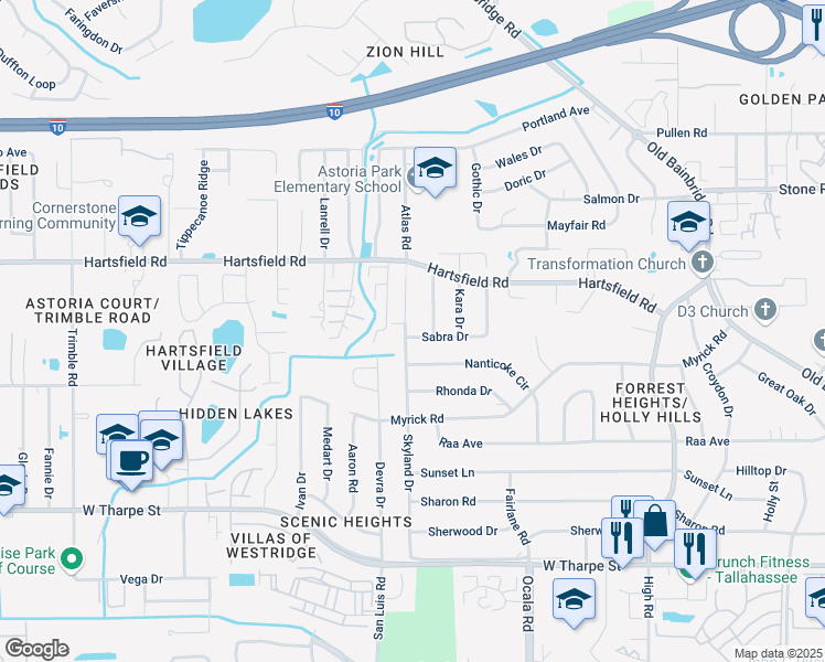 map of restaurants, bars, coffee shops, grocery stores, and more near 2305 Skyland Drive in Tallahassee