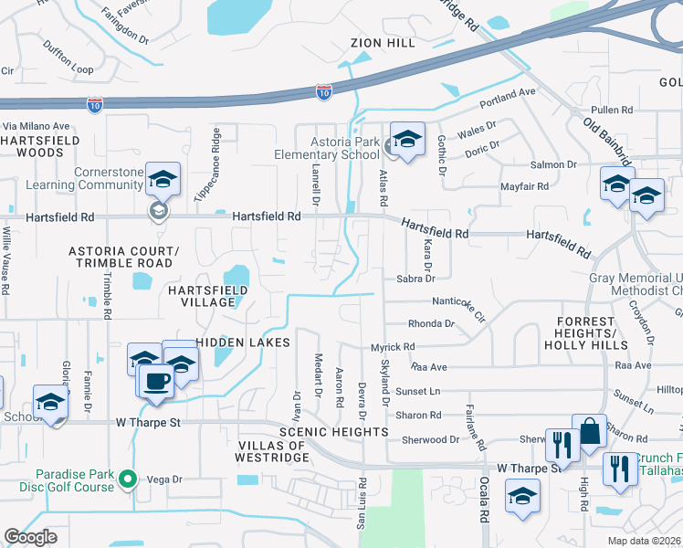 map of restaurants, bars, coffee shops, grocery stores, and more near 2280 Hartsfield Way in Tallahassee