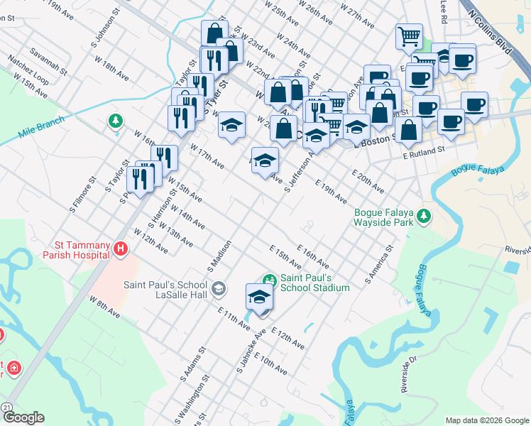 map of restaurants, bars, coffee shops, grocery stores, and more near 608 South Madison Street in Covington