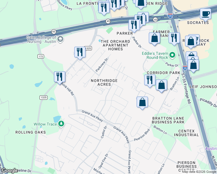 map of restaurants, bars, coffee shops, grocery stores, and more near 16245 Travesia Way in Austin