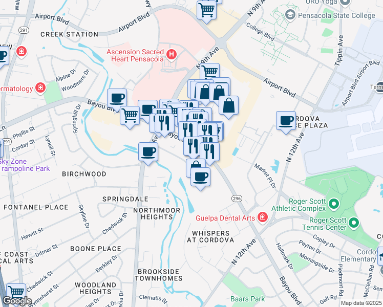 map of restaurants, bars, coffee shops, grocery stores, and more near 5055 Bayou Boulevard in Pensacola