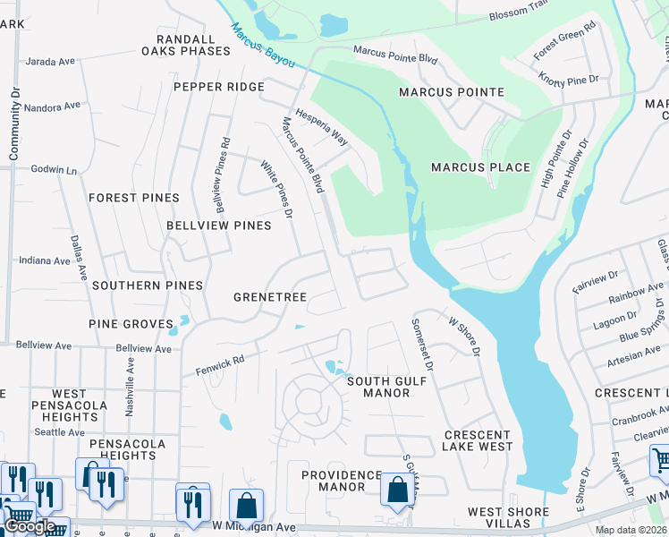 map of restaurants, bars, coffee shops, grocery stores, and more near 6478 Greenwell Street in Pensacola