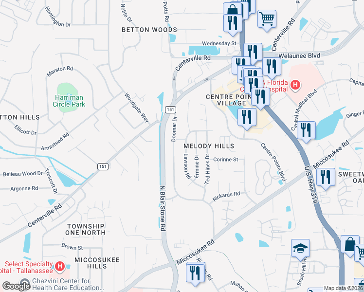 map of restaurants, bars, coffee shops, grocery stores, and more near 1955 Lawson Road in Tallahassee