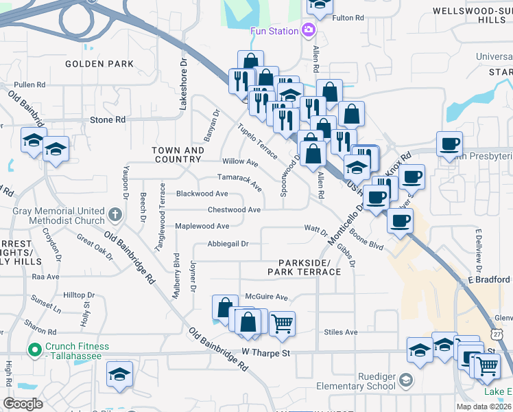 map of restaurants, bars, coffee shops, grocery stores, and more near 825 Chestwood Avenue in Tallahassee