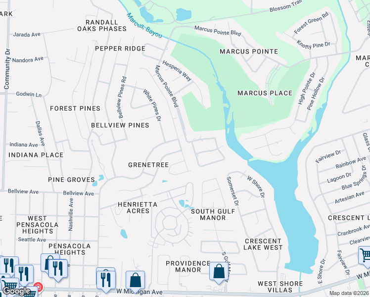 map of restaurants, bars, coffee shops, grocery stores, and more near 2301 Windstone Drive in Pensacola
