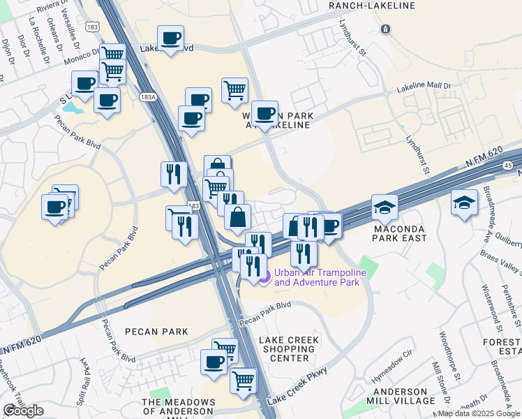 map of restaurants, bars, coffee shops, grocery stores, and more near 9826 North Lake Creek Parkway in Austin