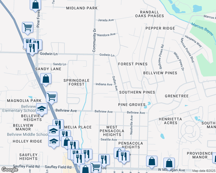 map of restaurants, bars, coffee shops, grocery stores, and more near 2823 Indiana Avenue in Pensacola