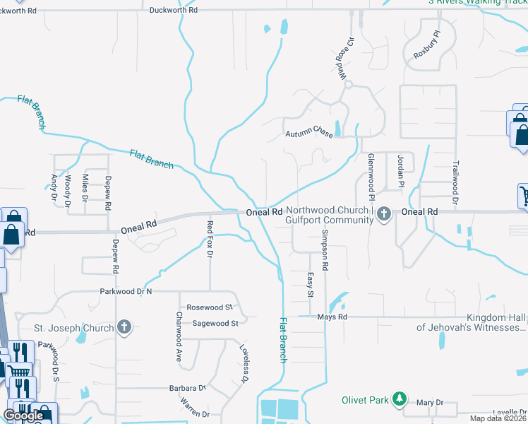 map of restaurants, bars, coffee shops, grocery stores, and more near 14513 Oneal Road in Gulfport